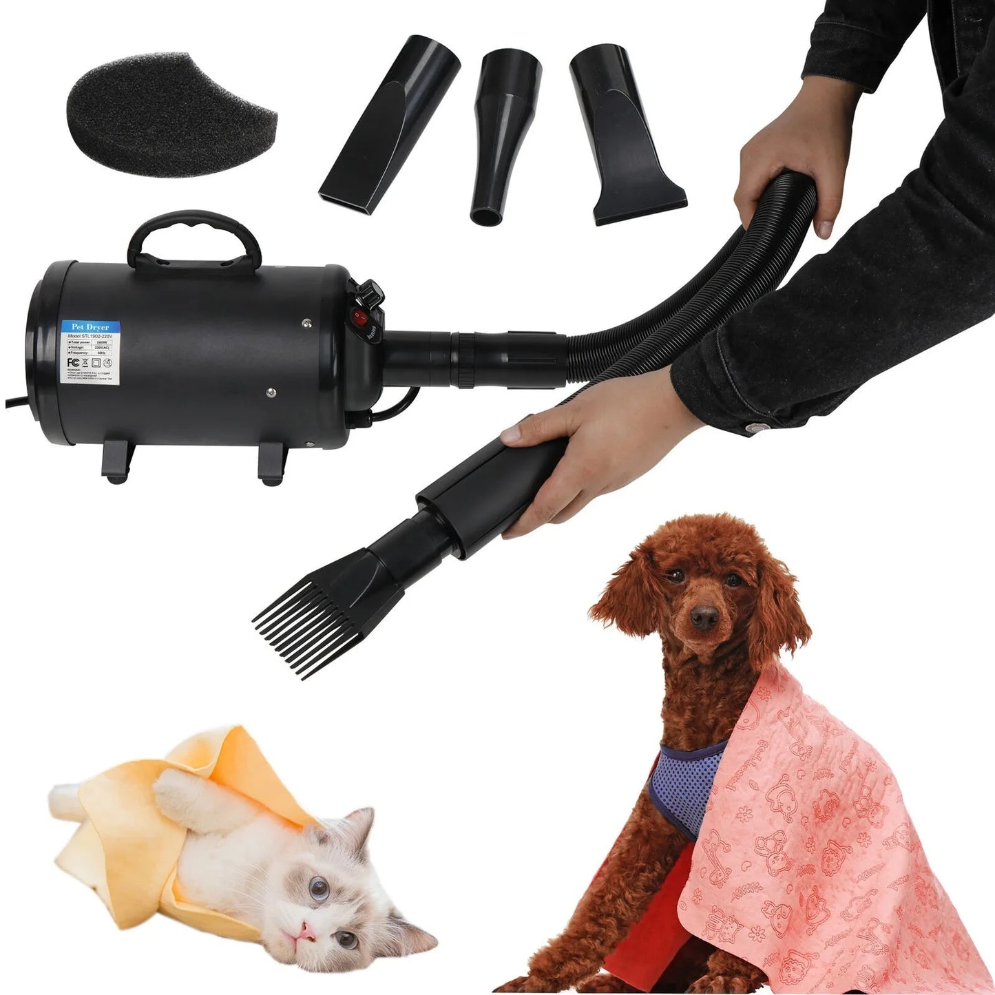 Pet Grooming Dryer Dog Blow Dryer Adjustable Speed Pet Hair Dryer with 4 Nozzle  United States